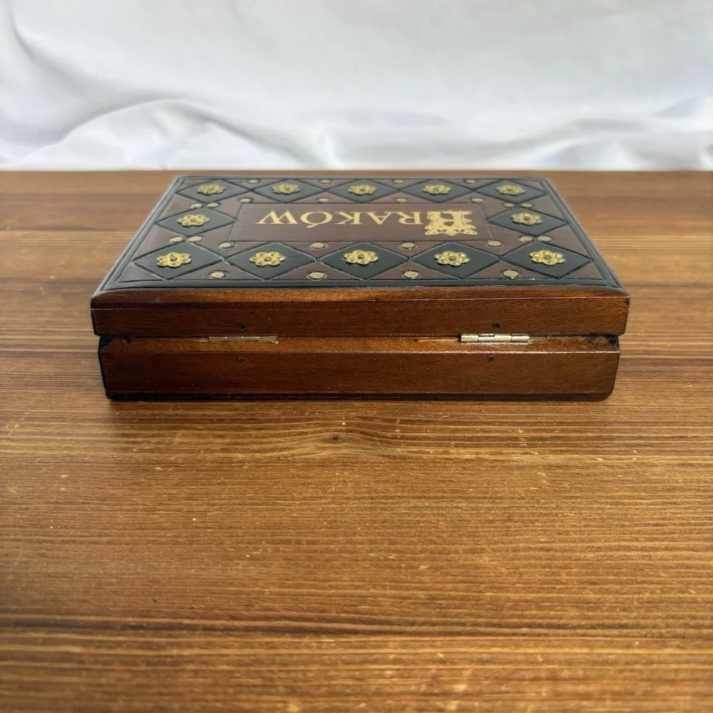 Vintage Kraków Poland Wooden Trinket Jewelry Box Gold Tone Metal Accent Souvenir